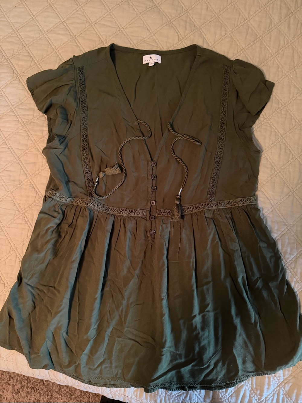 True Craft Olive V-Neck Tie-Front Peasant Tunic
